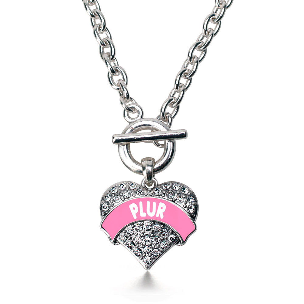 Silver Pink PLUR Pave Heart Charm Toggle Necklace