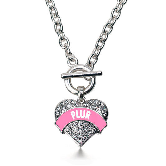 Silver Pink PLUR Pave Heart Charm Toggle Necklace