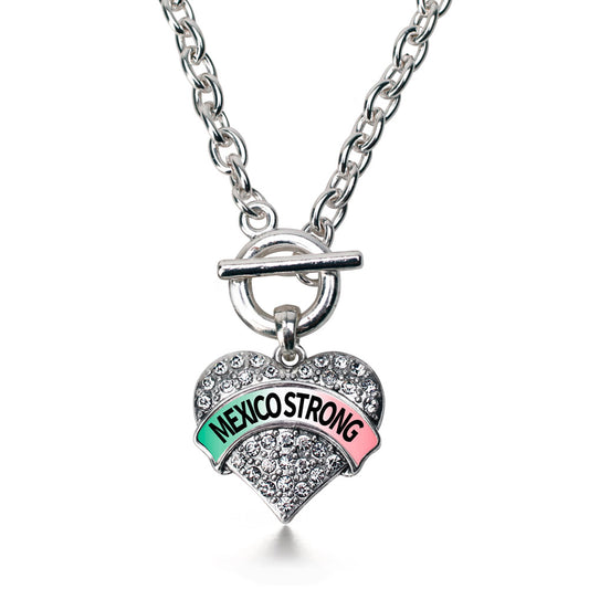 Silver Mexico Strong Pave Heart Charm Toggle Necklace