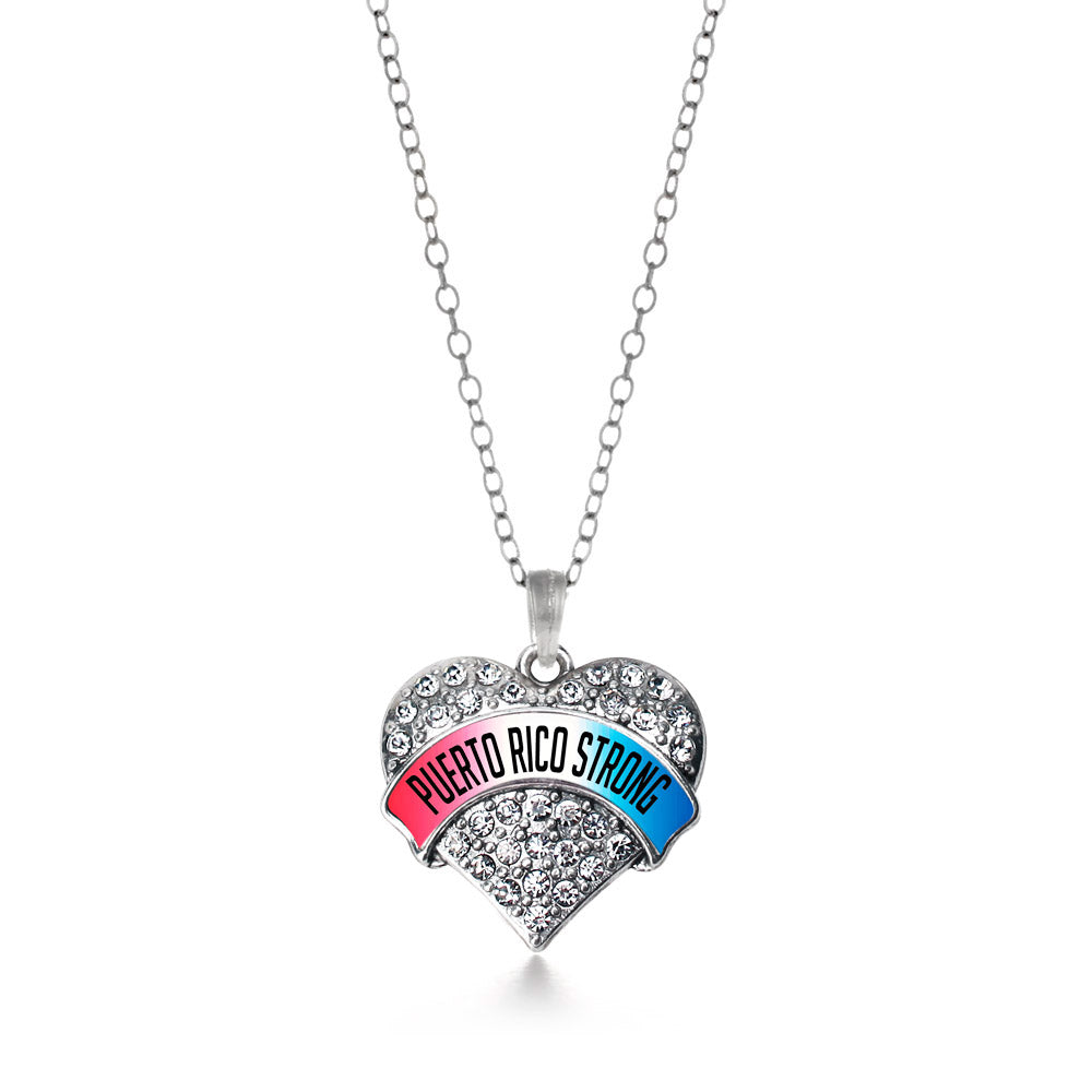 Silver Puerto Rico Strong Pave Heart Charm Classic Necklace