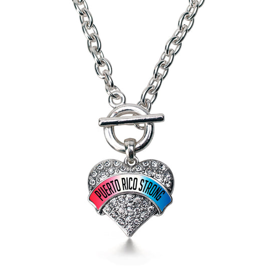 Silver Puerto Rico Strong Pave Heart Charm Toggle Necklace