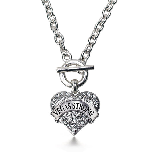 Silver Vegas Strong Pave Heart Charm Toggle Necklace