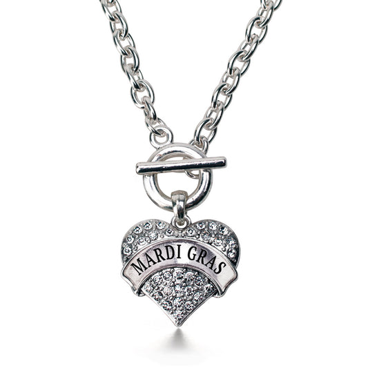 Silver Mardi Gras Pave Heart Charm Toggle Necklace