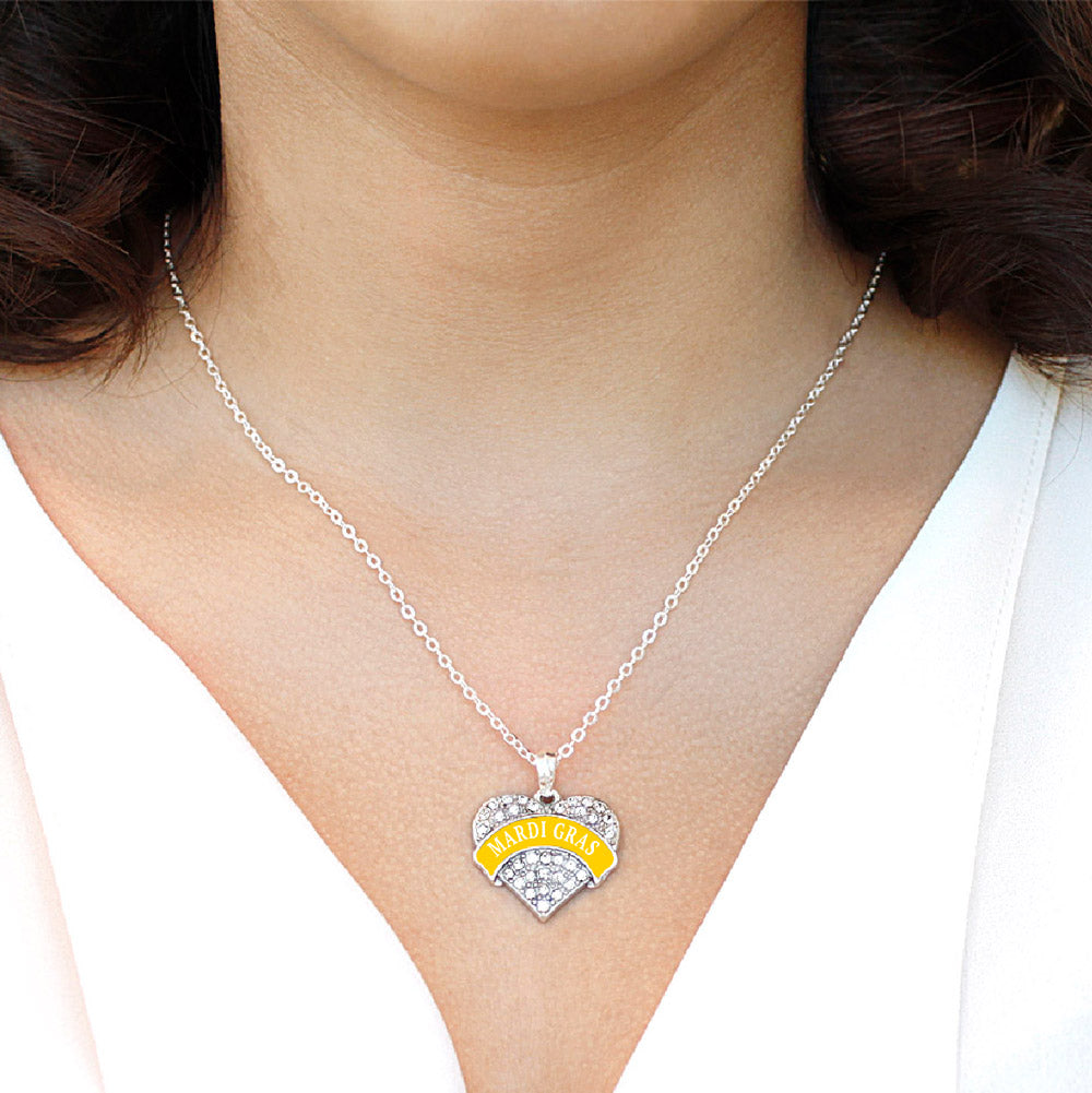 Silver Yellow Mardi Gras Pave Heart Charm Classic Necklace