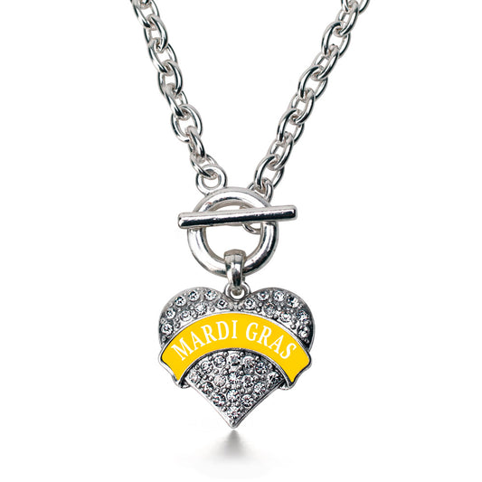 Silver Yellow Mardi Gras Pave Heart Charm Toggle Necklace