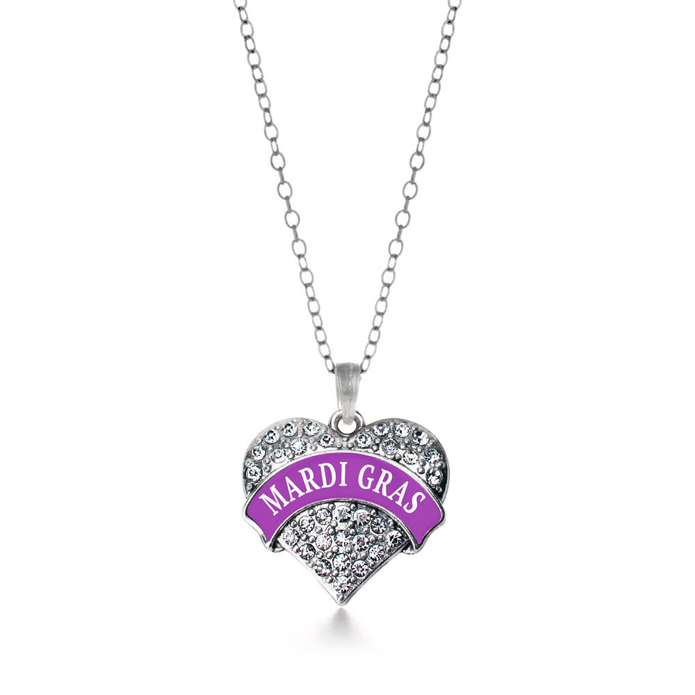 Silver Purple Mardi Gras Pave Heart Charm Classic Necklace