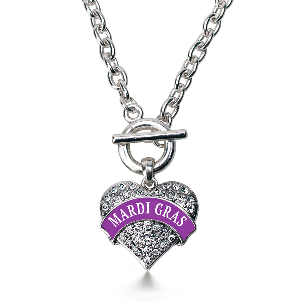 Silver Purple Mardi Gras Pave Heart Charm Toggle Necklace