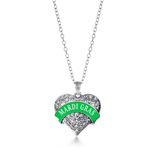 Silver Green Mardi Gras Pave Heart Charm Classic Necklace