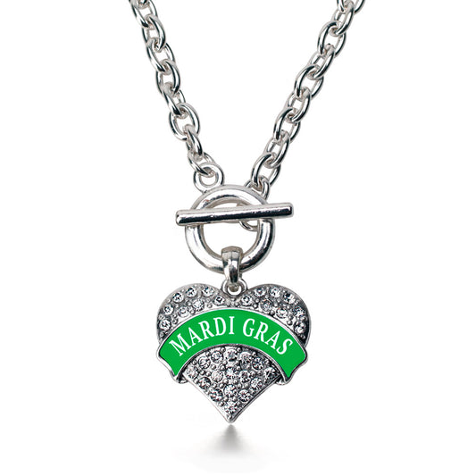 Silver Green Mardi Gras Pave Heart Charm Toggle Necklace