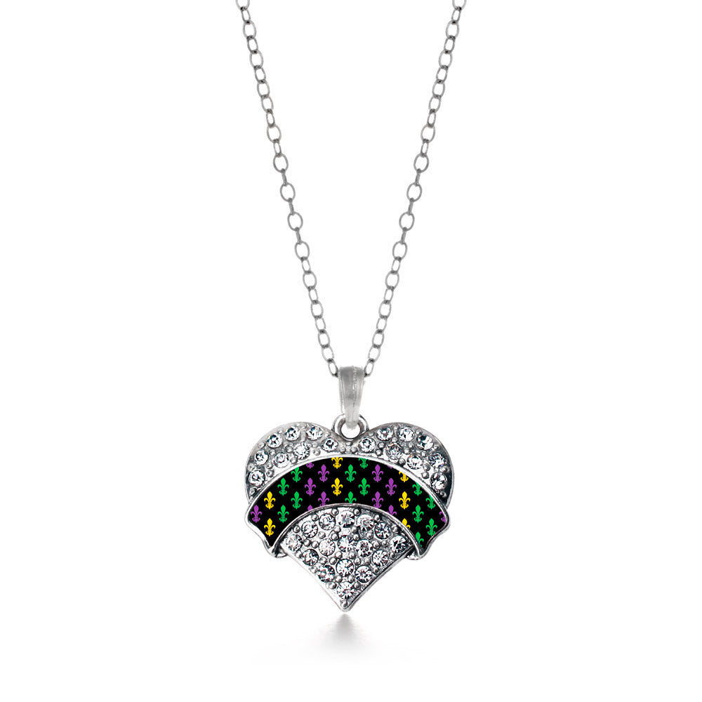 Silver Mardi Gras Pattern Pave Heart Charm Classic Necklace
