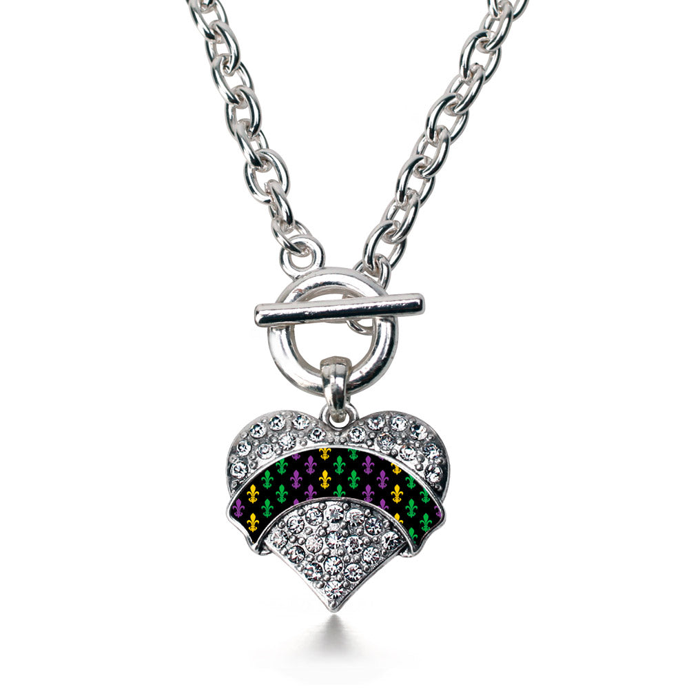 Silver Mardi Gras Pattern Pave Heart Charm Toggle Necklace