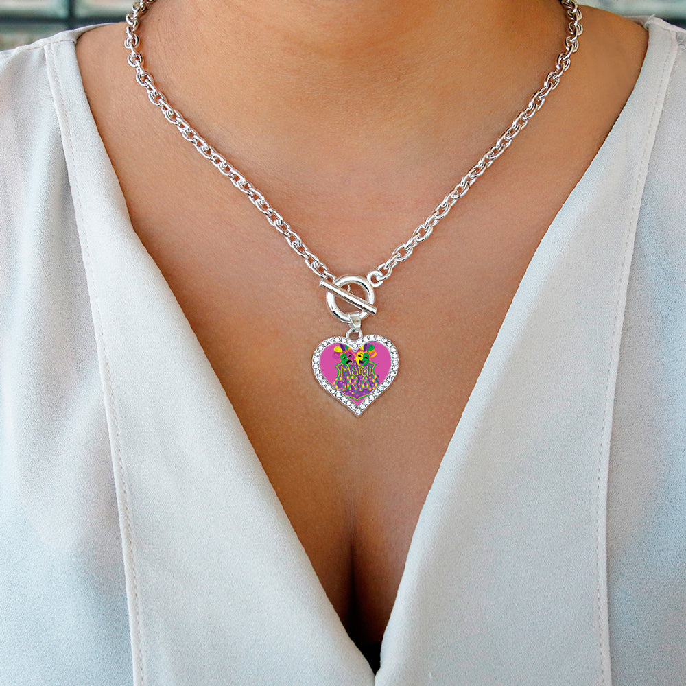 Silver Mardi Gras Masks Open Heart Charm Toggle Necklace