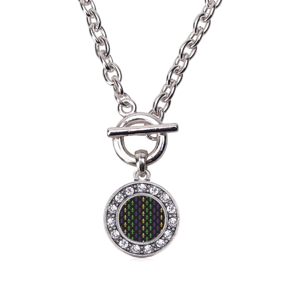 Silver Mardi Gras Pattern Circle Charm Toggle Necklace