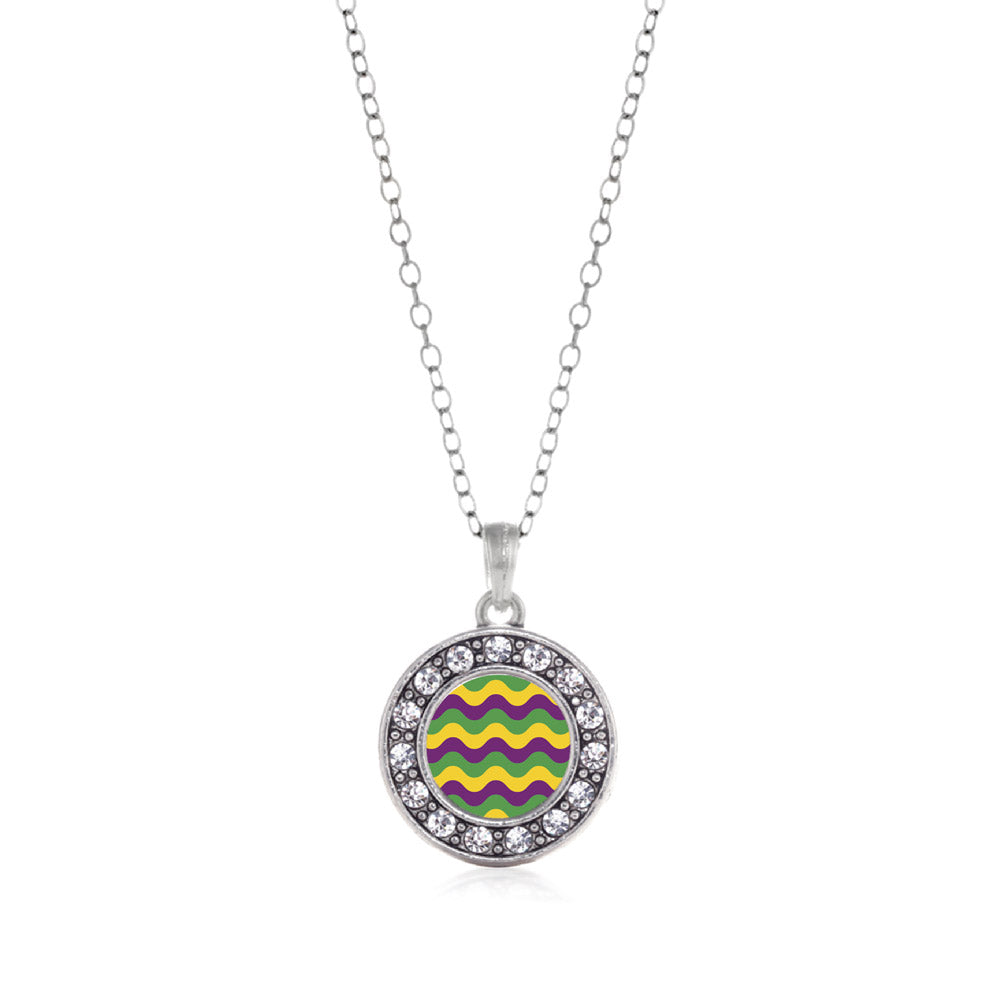 Silver Mardi Gras Wave Pattern Circle Charm Classic Necklace