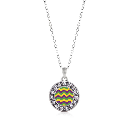 Silver Mardi Gras Wave Pattern Circle Charm Classic Necklace