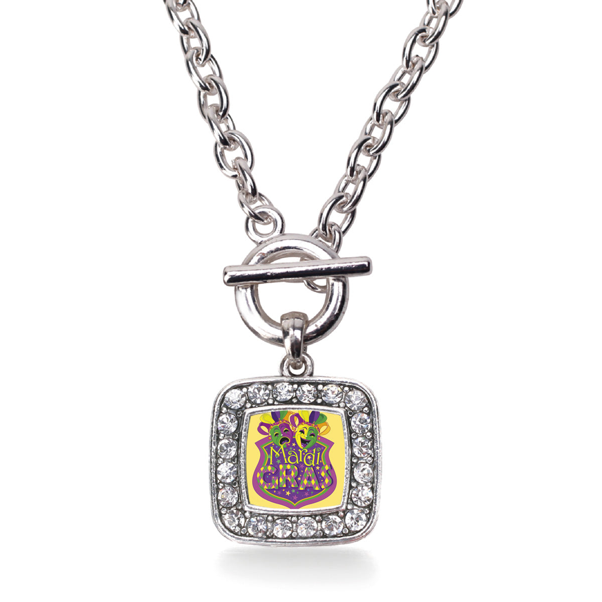 Silver Mardi Gras Masks Square Charm Toggle Necklace