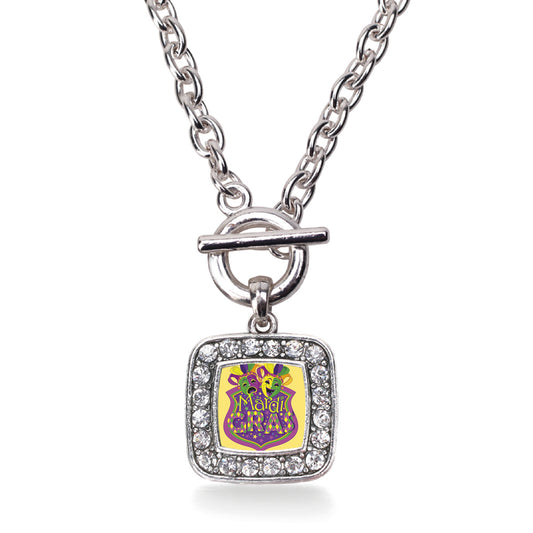 Silver Mardi Gras Masks Square Charm Toggle Necklace