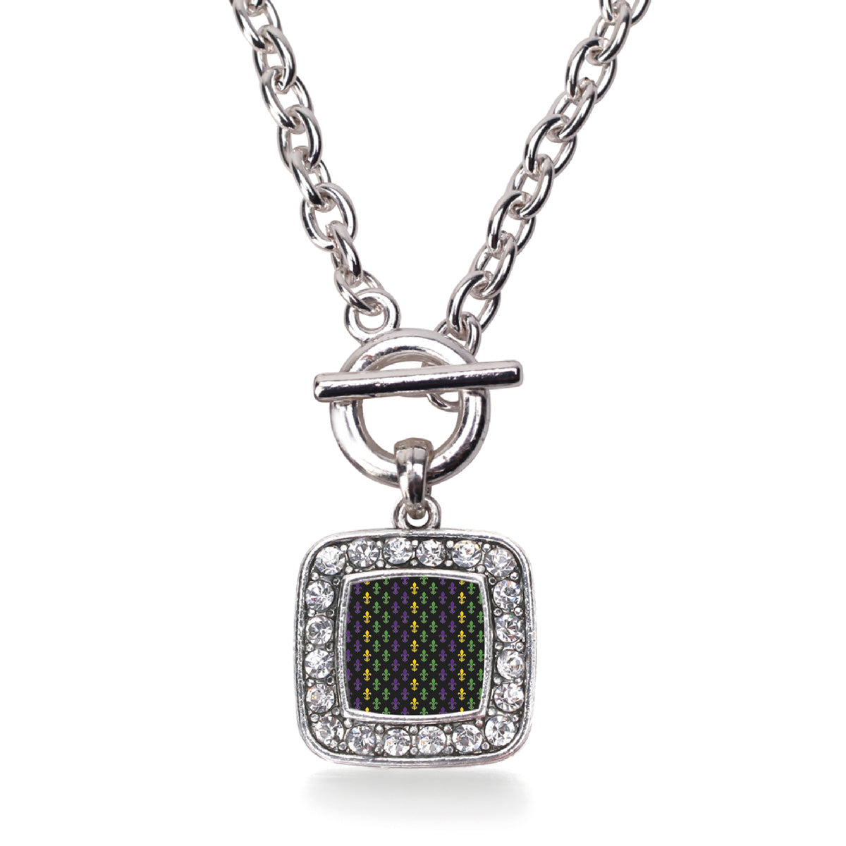 Silver Mardi Gras Pattern Square Charm Toggle Necklace