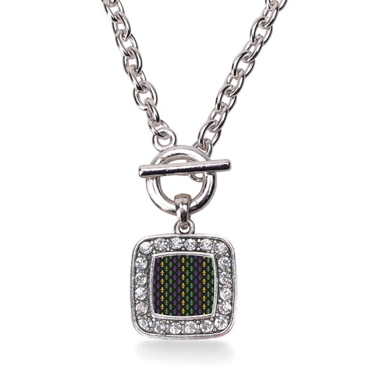 Silver Mardi Gras Pattern Square Charm Toggle Necklace