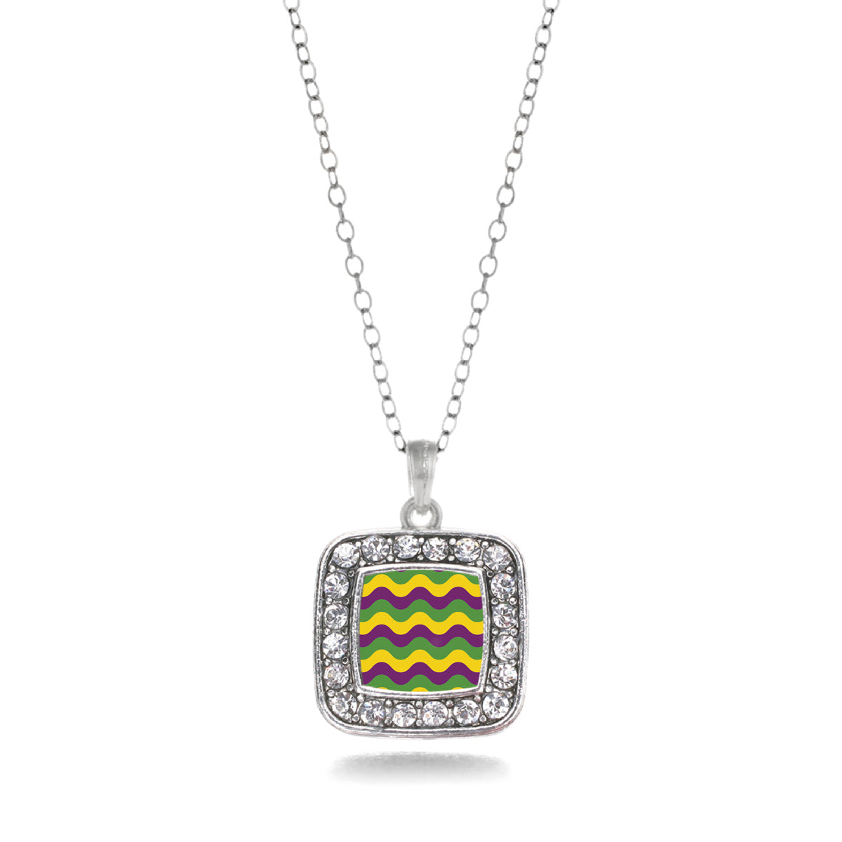 Silver Mardi Gras Wave Pattern Square Charm Classic Necklace