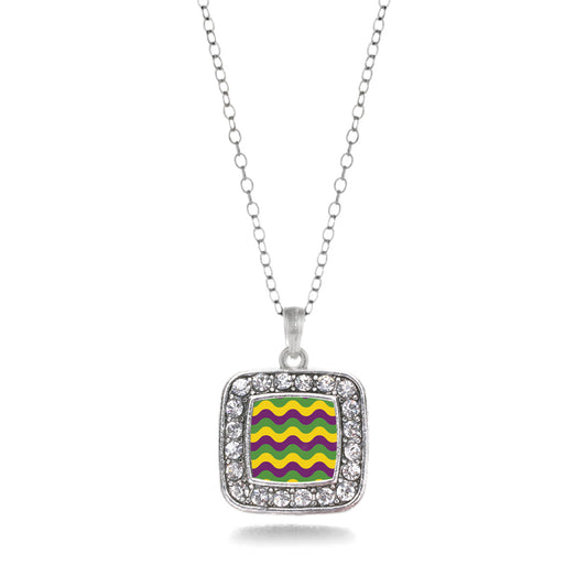 Silver Mardi Gras Wave Pattern Square Charm Classic Necklace