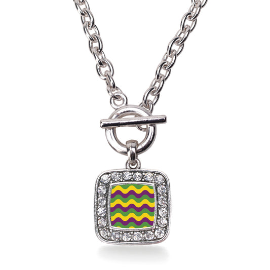 Silver Mardi Gras Wave Pattern Square Charm Toggle Necklace