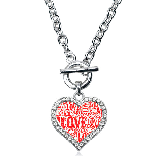 Silver Love Pattern Open Heart Charm Toggle Necklace