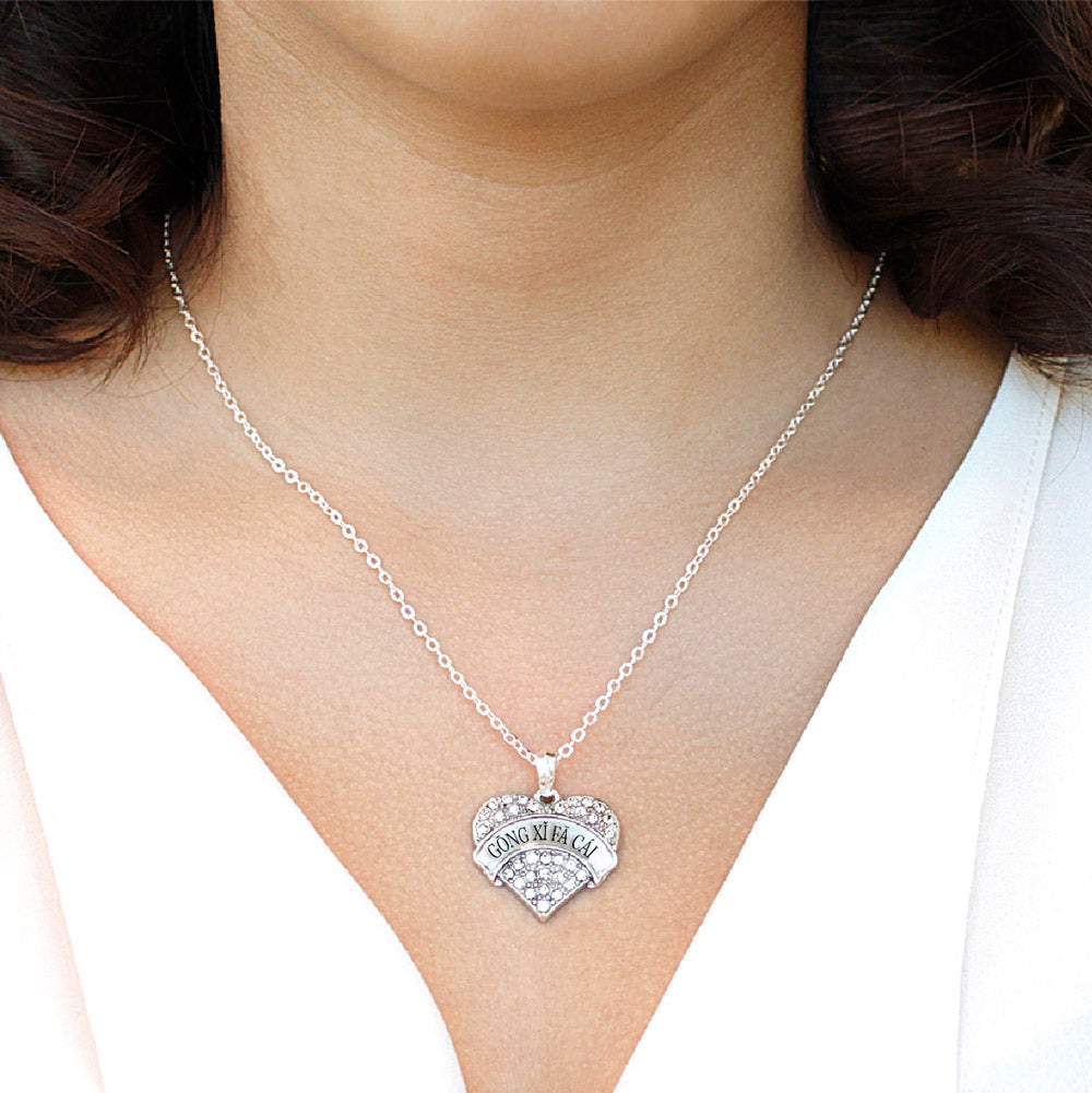 Silver Gōng Xǐ Fā Cái Pave Heart Charm Classic Necklace