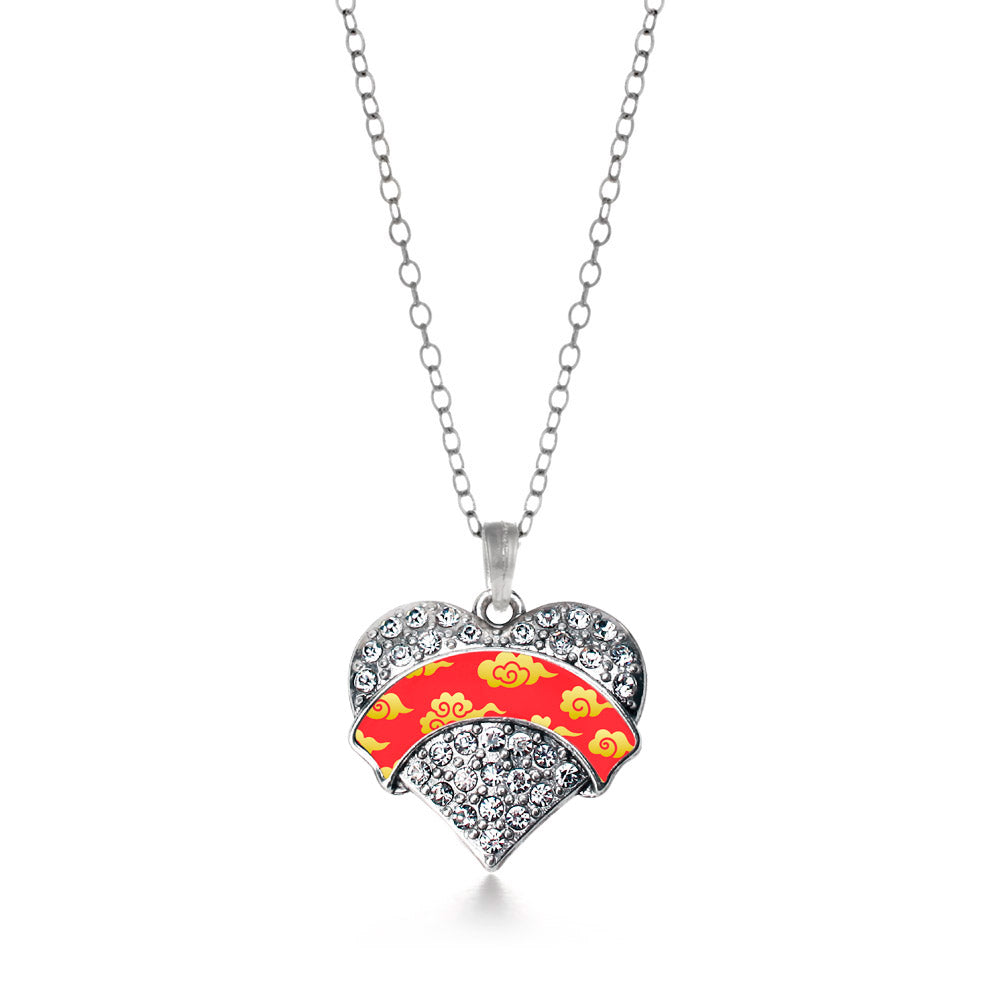 Silver Gold Chinese New Year Cloud Pattern Pave Heart Charm Classic Necklace