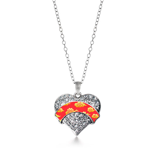 Silver Gold Chinese New Year Cloud Pattern Pave Heart Charm Classic Necklace