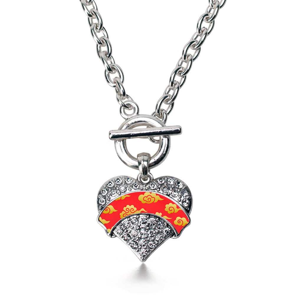 Silver Gold Chinese New Year Cloud Pattern Pave Heart Charm Toggle Necklace