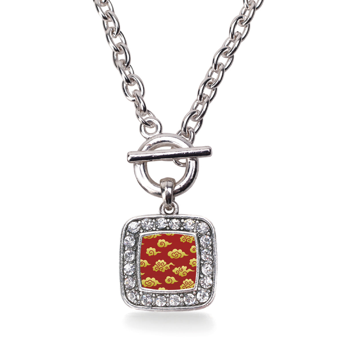 Silver Gold Chinese New Year Cloud Pattern Square Charm Toggle Necklace