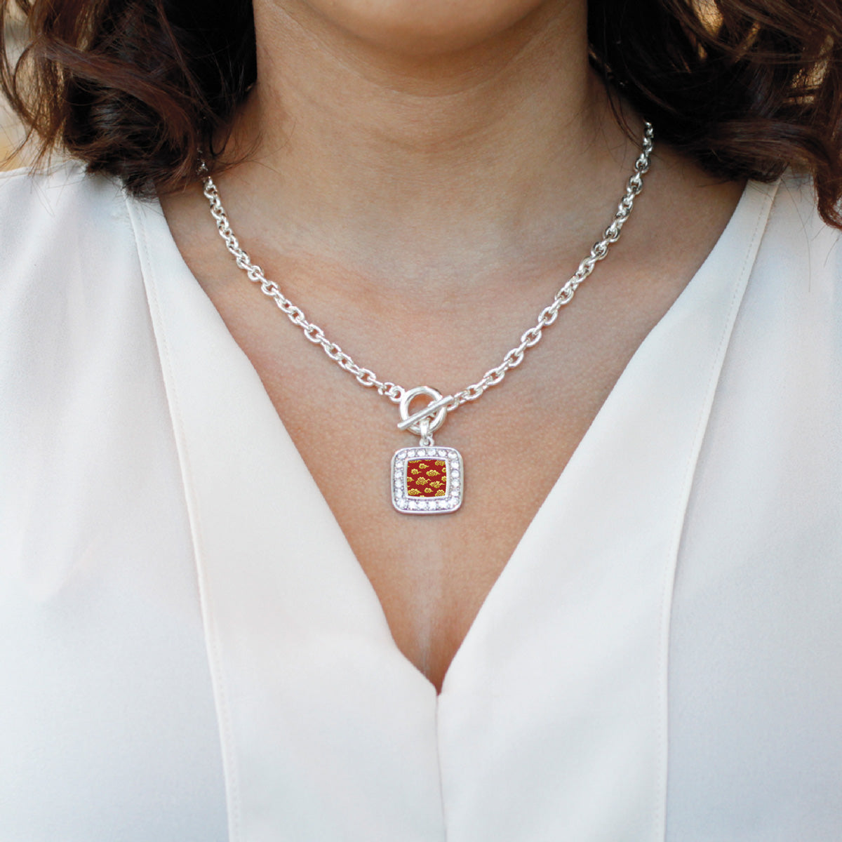 Silver Gold Chinese New Year Cloud Pattern Square Charm Toggle Necklace