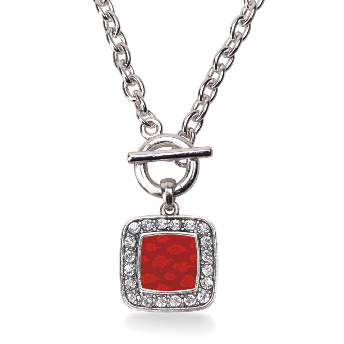Silver Red Chinese New Year Cloud Pattern Square Charm Toggle Necklace