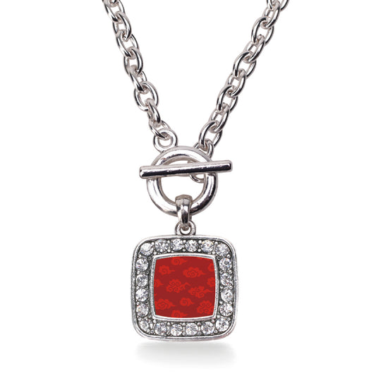Silver Red Chinese New Year Cloud Pattern Square Charm Toggle Necklace