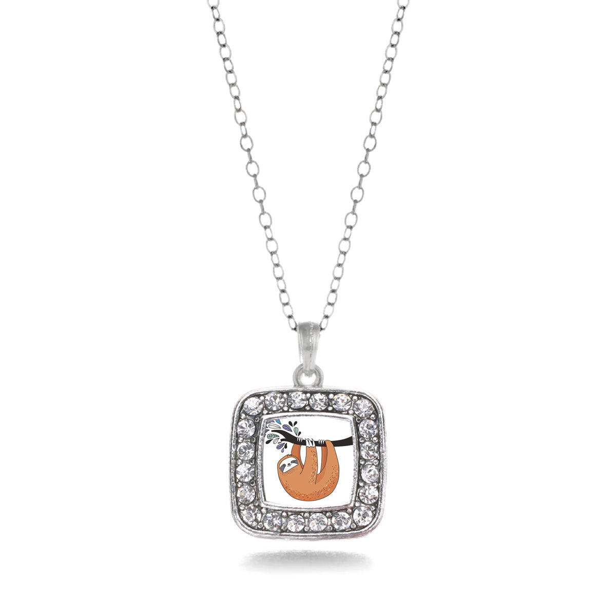 Silver Sloth Square Charm Classic Necklace
