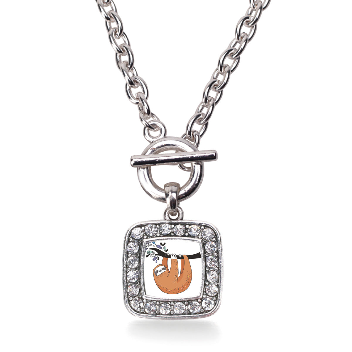 Silver Sloth Square Charm Toggle Necklace