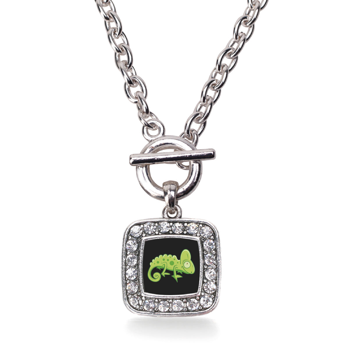 Silver Chameleon Square Charm Toggle Necklace