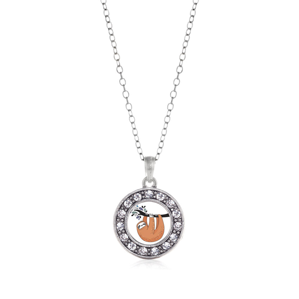 Silver Sloth Circle Charm Classic Necklace