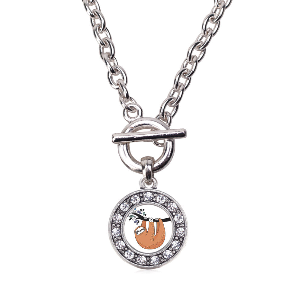 Silver Sloth Circle Charm Toggle Necklace