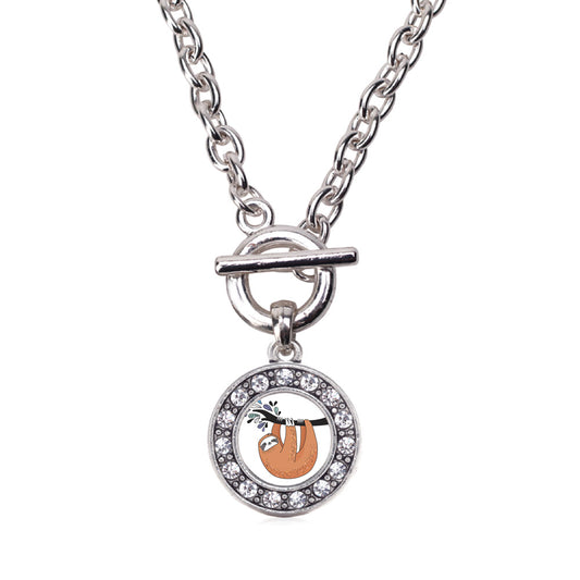 Silver Sloth Circle Charm Toggle Necklace