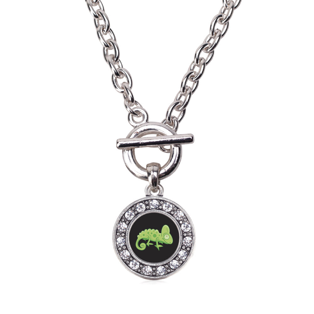 Silver Chameleon Circle Charm Toggle Necklace