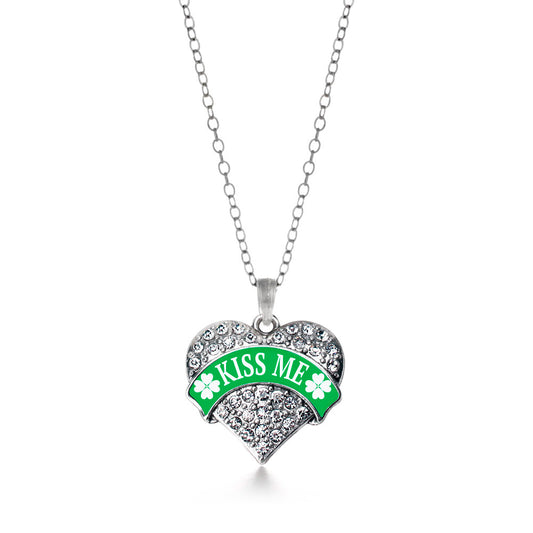 Silver Green Kiss Me Pave Heart Charm Classic Necklace