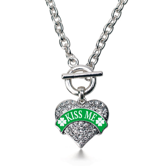 Silver Green Kiss Me Pave Heart Charm Toggle Necklace