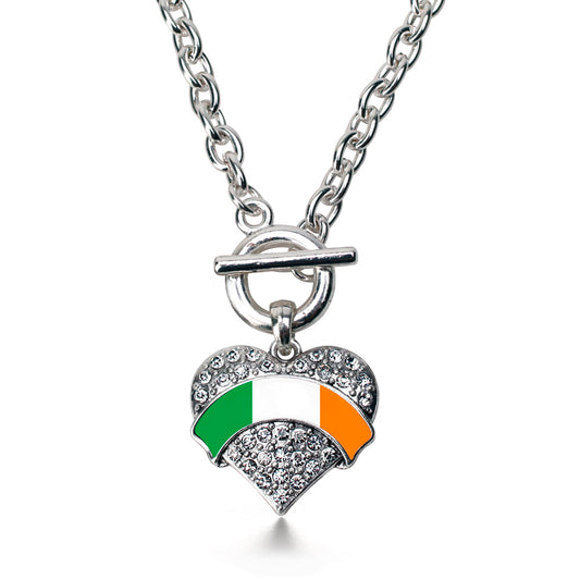 Silver Irish Flag Pave Heart Charm Toggle Necklace