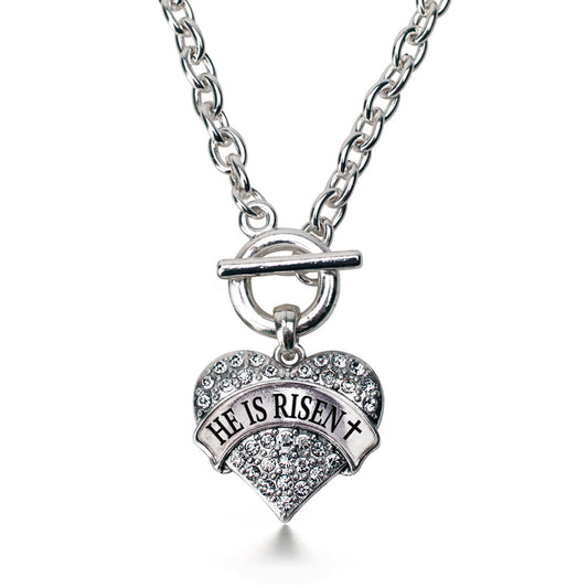 Silver He Is Risen Pave Heart Charm Toggle Necklace