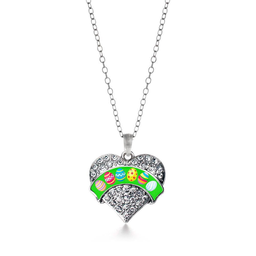 Silver Easter Eggs Pave Heart Charm Classic Necklace