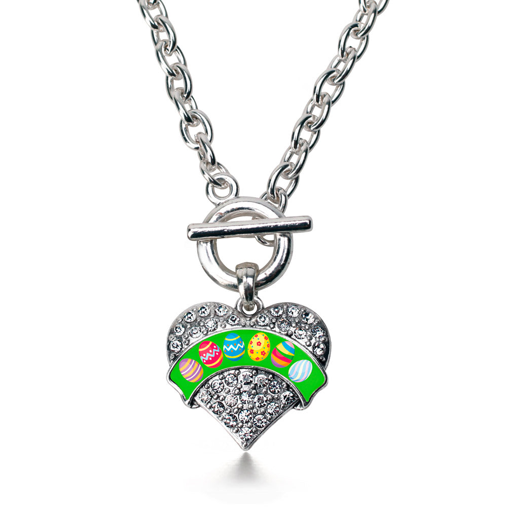Silver Easter Eggs Pave Heart Charm Toggle Necklace
