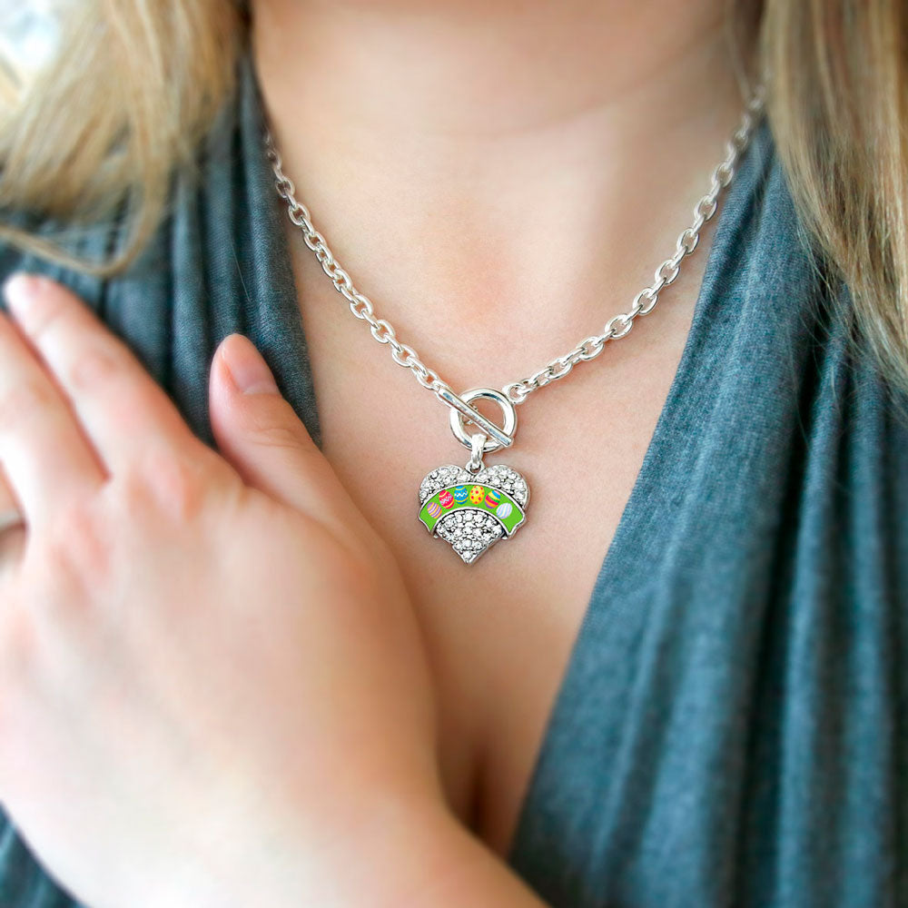 Silver Easter Eggs Pave Heart Charm Toggle Necklace