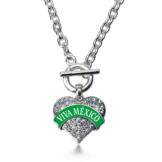 Silver Green Viva México Pave Heart Charm Toggle Necklace